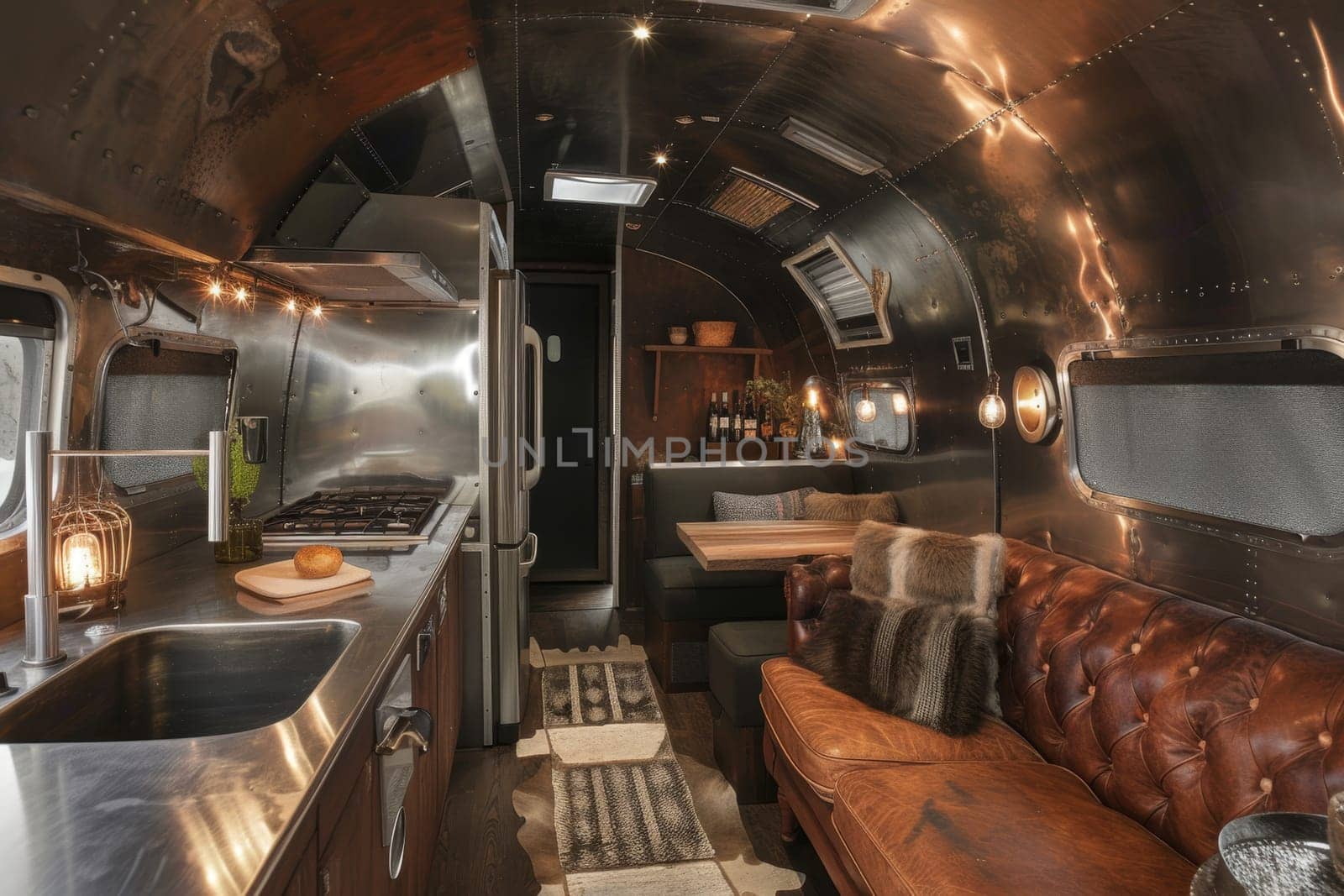 A designer steel interior inside a mobile home. The concept of a comfortable journey.
