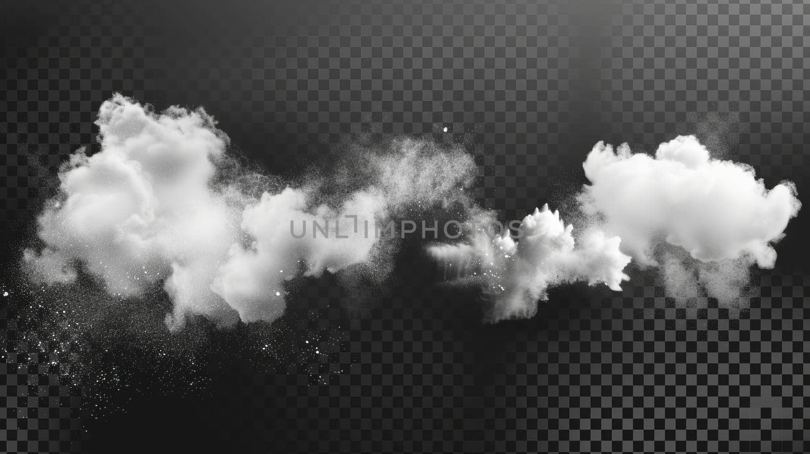Set of realistic white powder clouds isolated on transparent background. Modern illustration of abstract dust explosion in air, crystal clear washing detergent scattered, snow blizzard, and flour