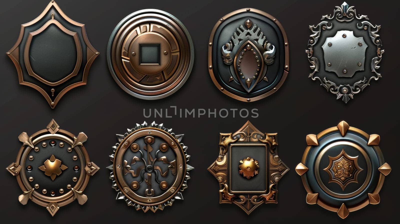 A set of art deco buttons isolated on black background. A realistic modern illustration of a luxury UI frame consisting of bronze, golden, and silver metal. A border to be used for sprites.