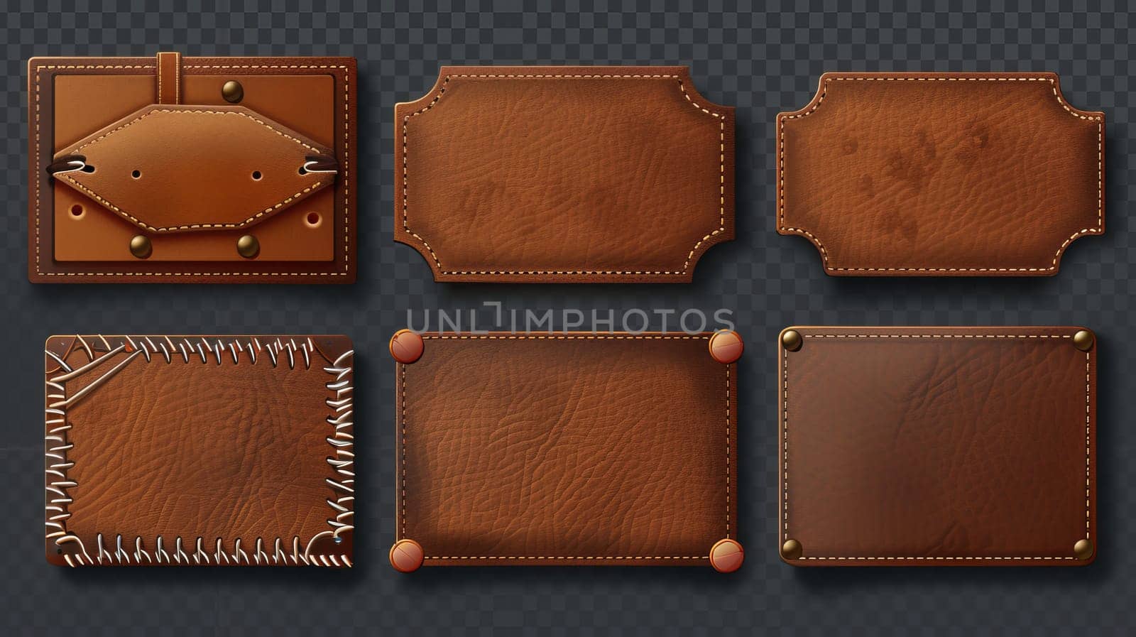 Set of brown isolated realistic leather patches. Label tag with seam template on transparent background. Vintage craft emblem design with string. Calfskin material sample with rivets. by Andrei_01