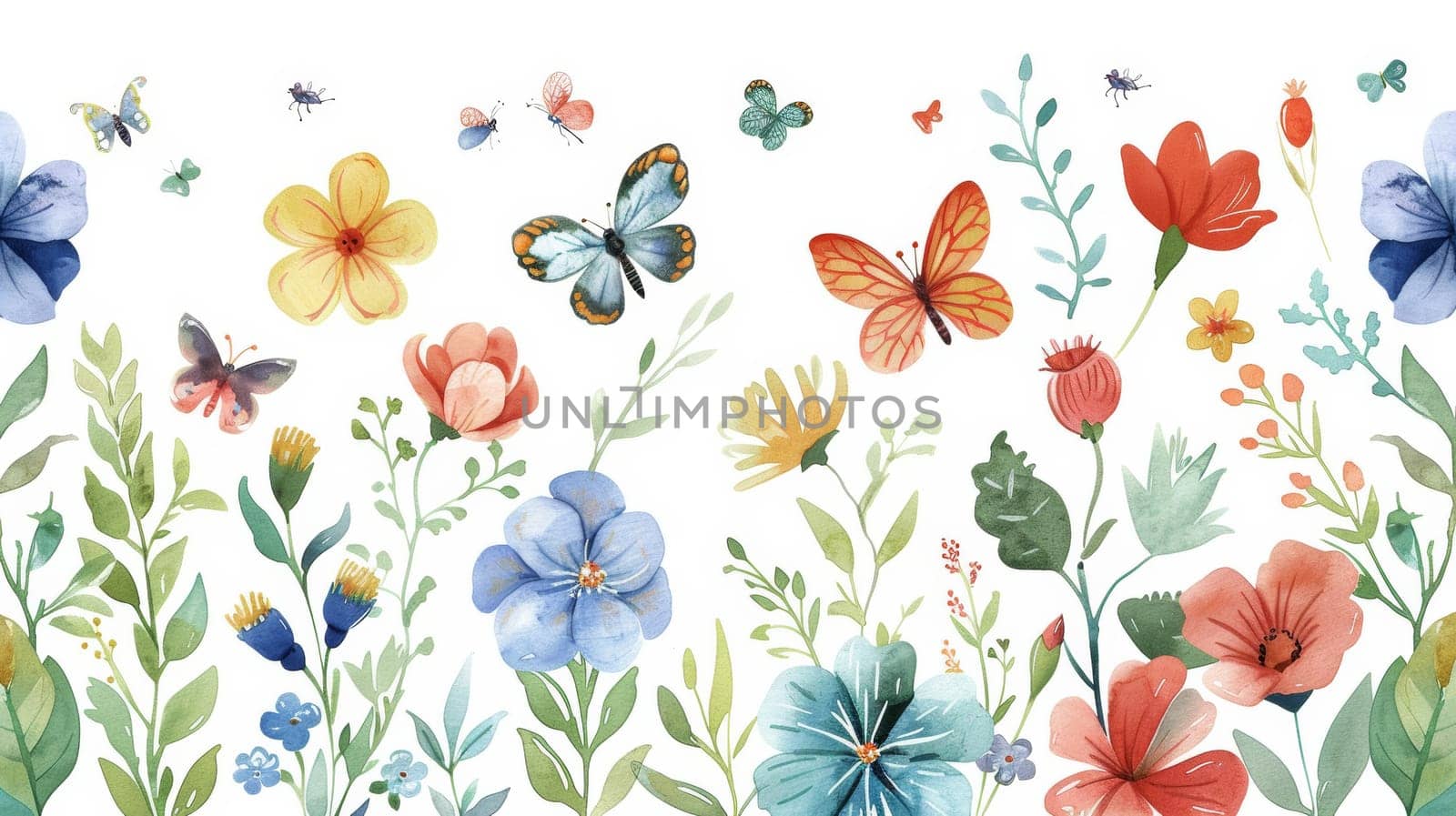 Background modern illustration of spring floral art. Watercolor hand-painted botanical flower, leaves, insects, butterflies. Suitable for wallpaper, posters, banners, cards, print, web, and by Andrei_01