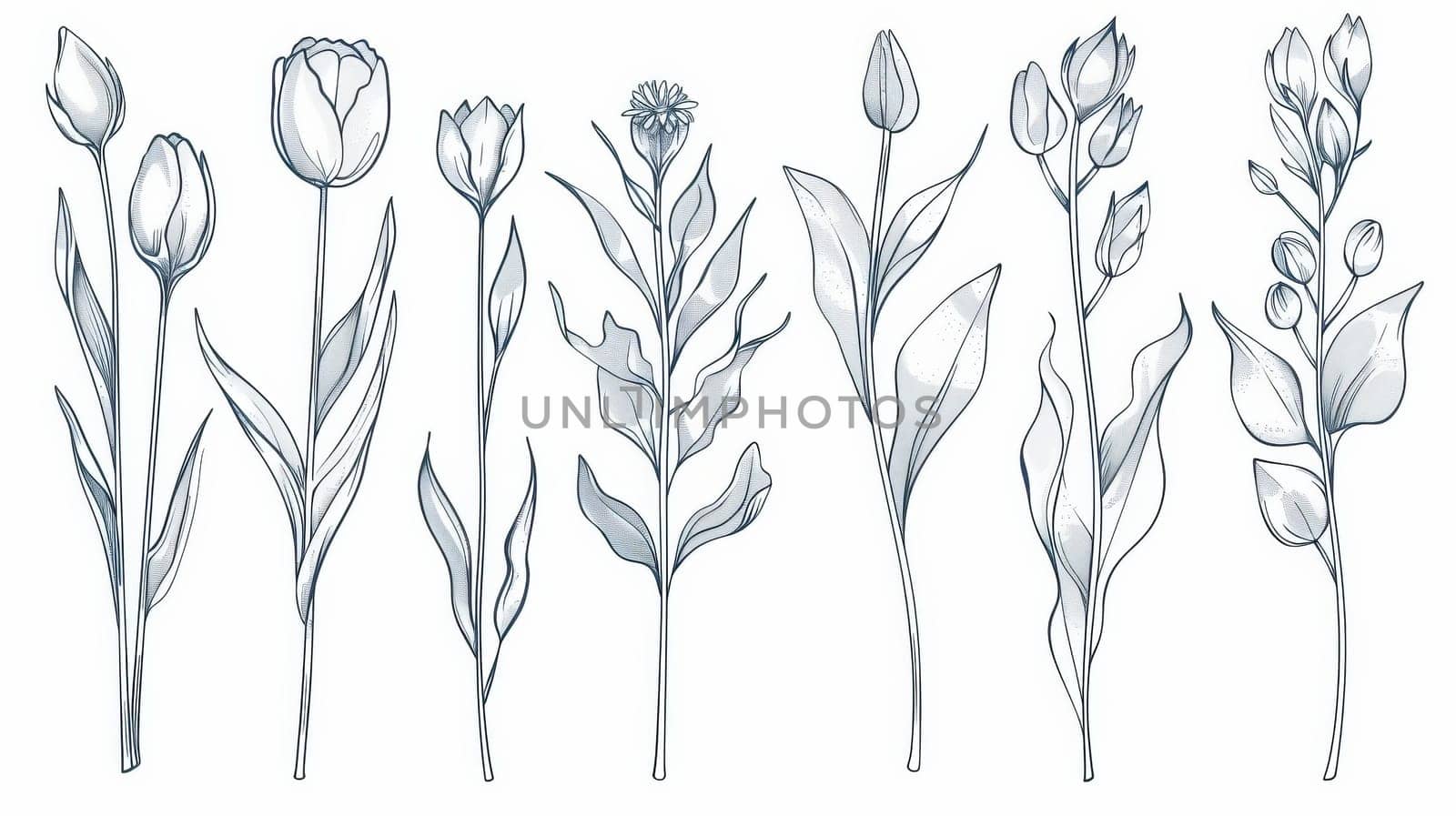 Set of botanical modern elements. A collection of foliage, eucalyptus leaves, tulips, and branches. Minimal style blossom illustration design for logo, wedding, invitation, and décor.