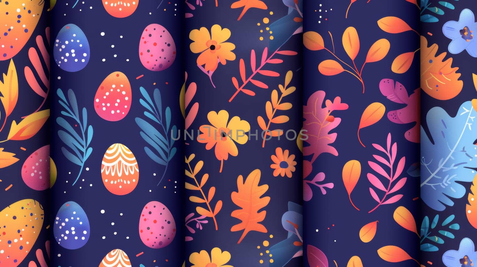 This seamless pattern features a colorful easter egg, flower, foliage. It is useful for fabric patterns, wallpaper, covers, packaging, designs for kids, or ads for Easter.