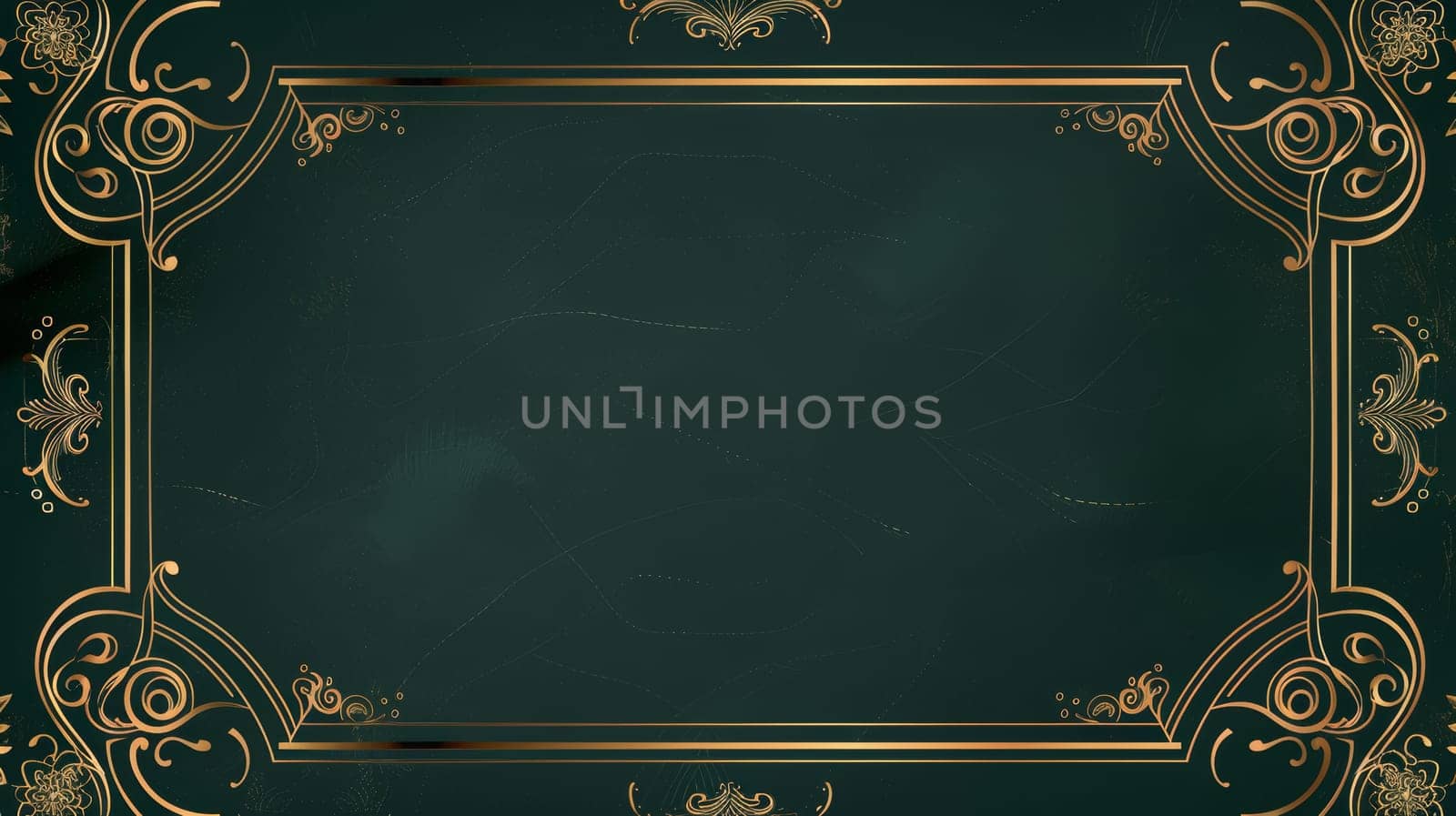 Elegant art nouveau classic antique design, gold lines gradient, frames on dark green background. Luxury illustration for gala, grand opening, or an art deco event.