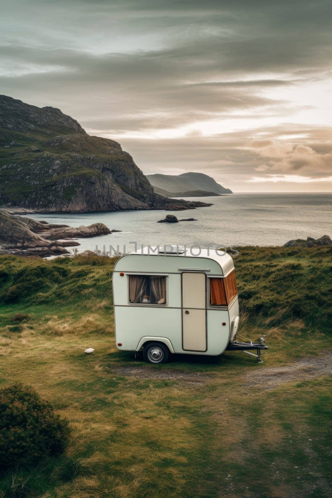 Camping near the lake in a motorhome . Camping in a camper van.