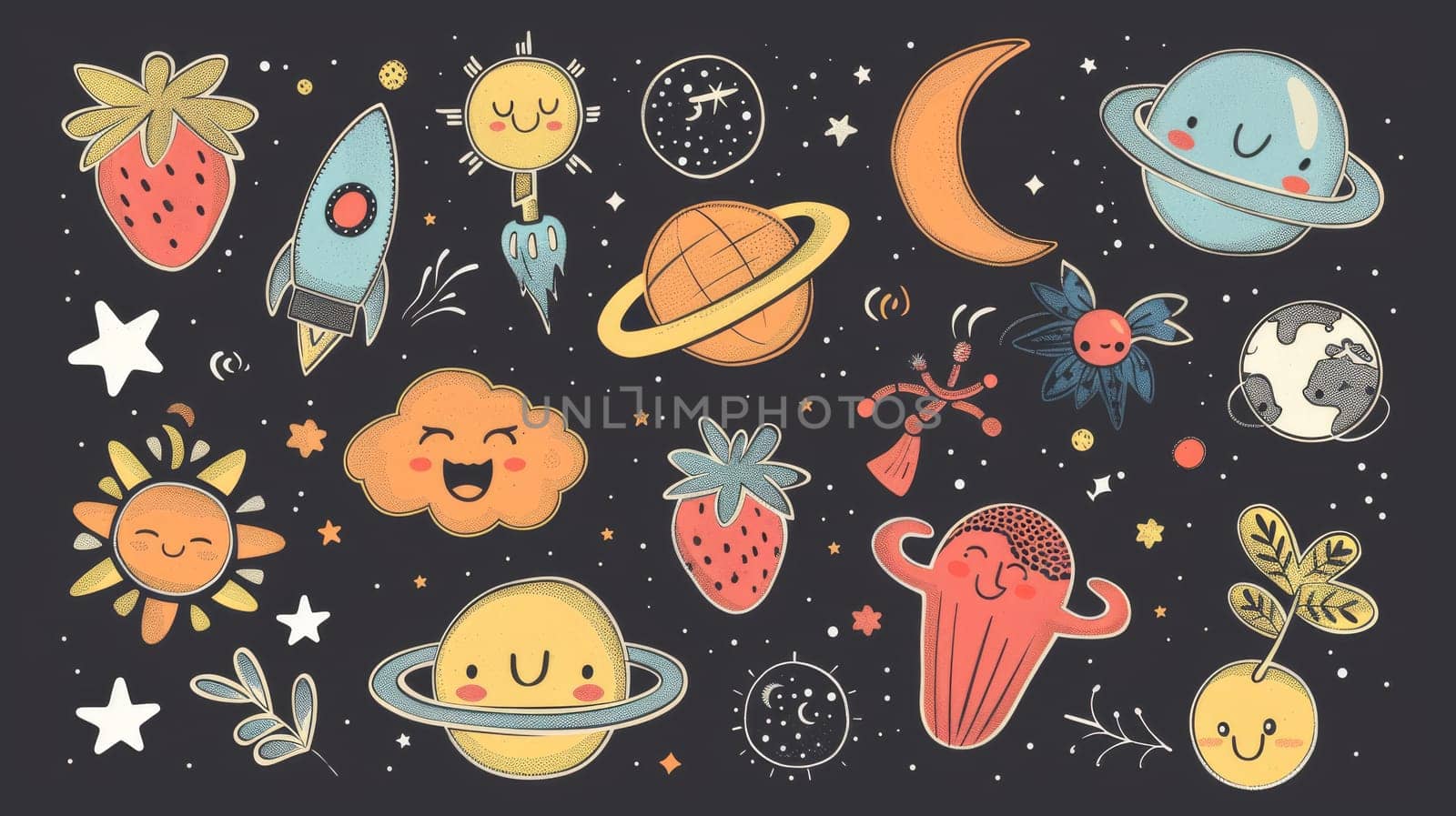 Modern set of funky hippie cartoon elements. Cartoon characters, doodle smile face, spaceship, tomato, moon, melody.