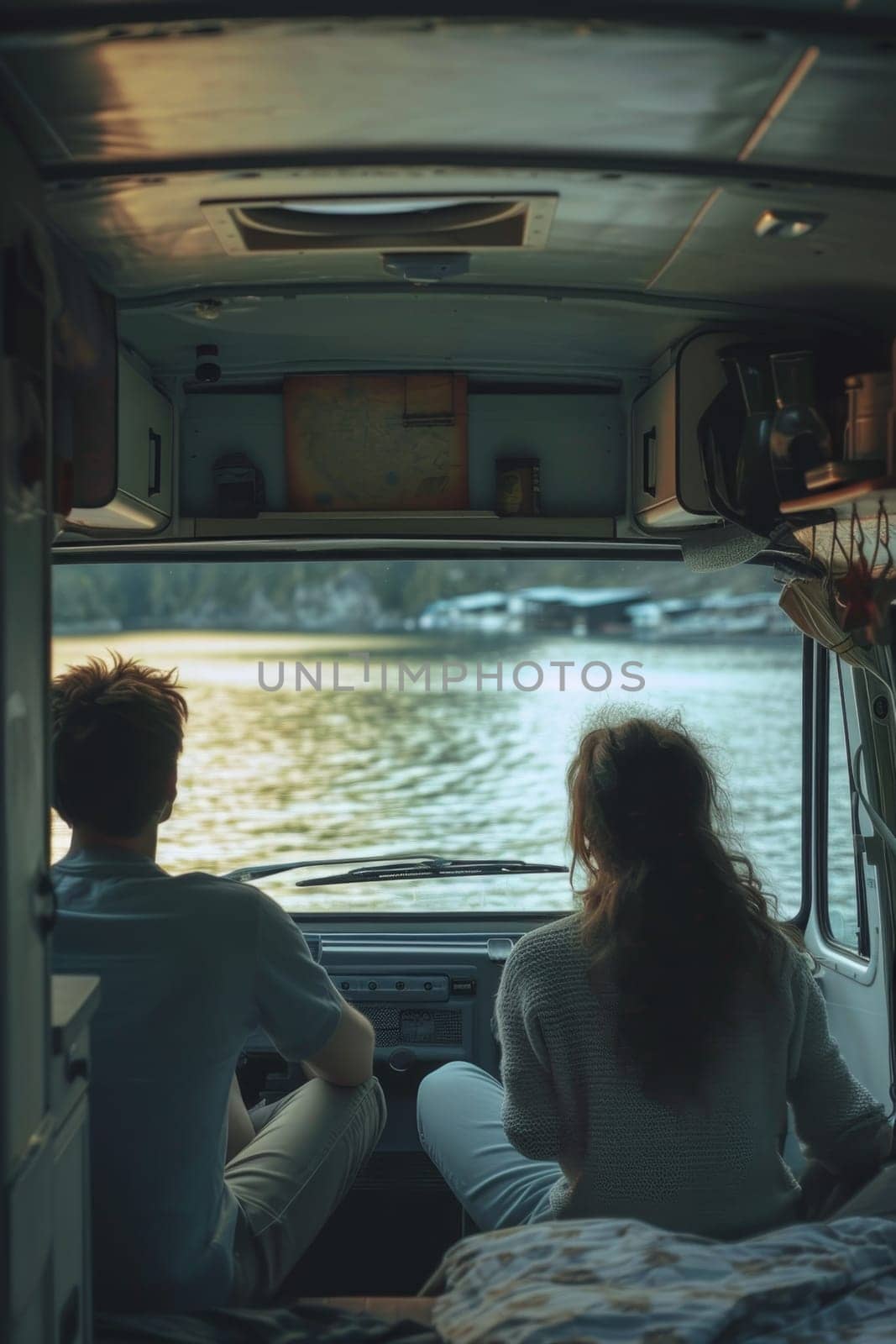 A man and a woman are sitting inside a motorhome and looking at the lake. Camping by the lake in a mobile home.