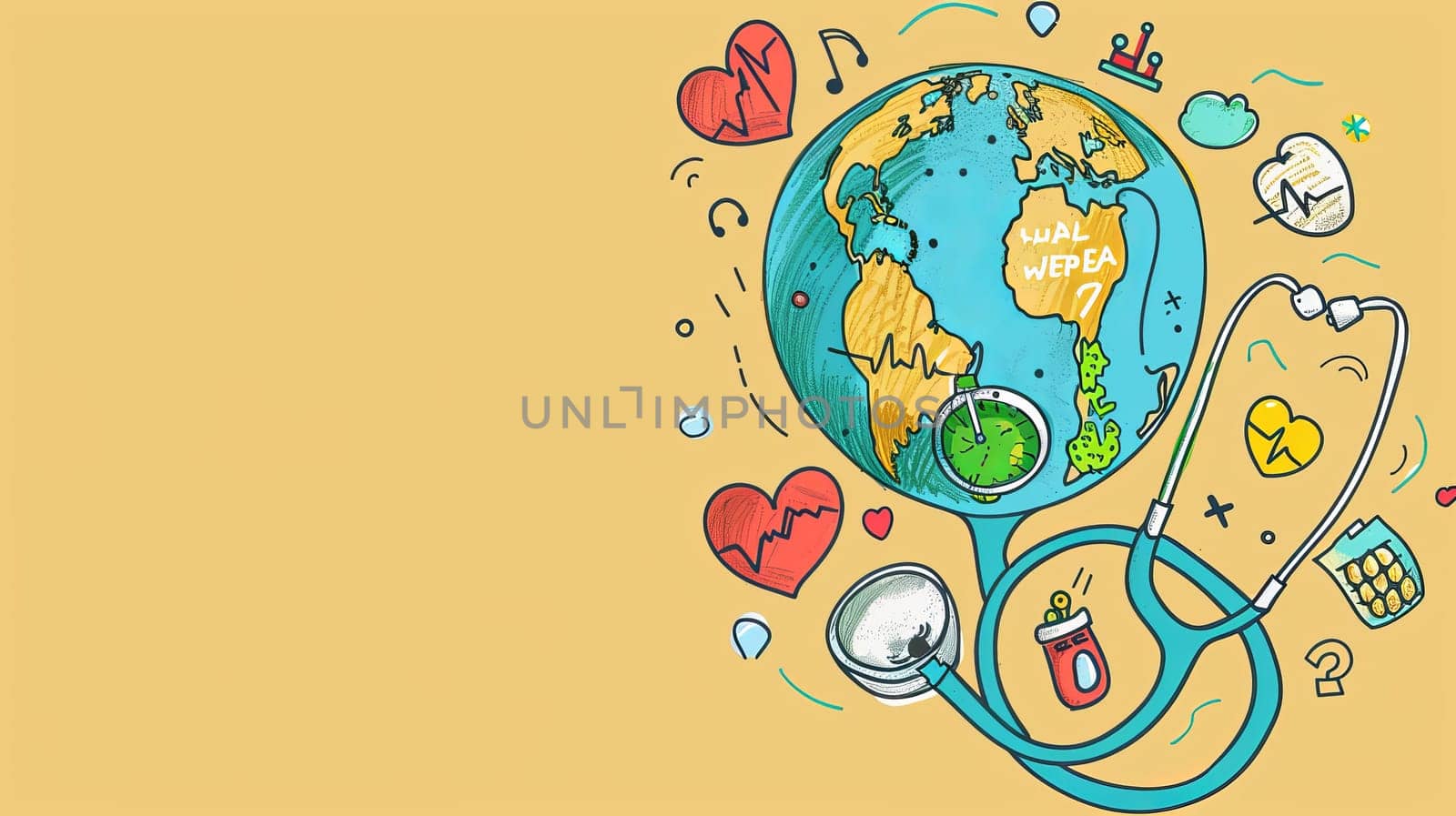 An earth, heart, stethoscope, hand drawn comic doodle concept for World Health Day. Use in web, banner, campaign, social media posts.