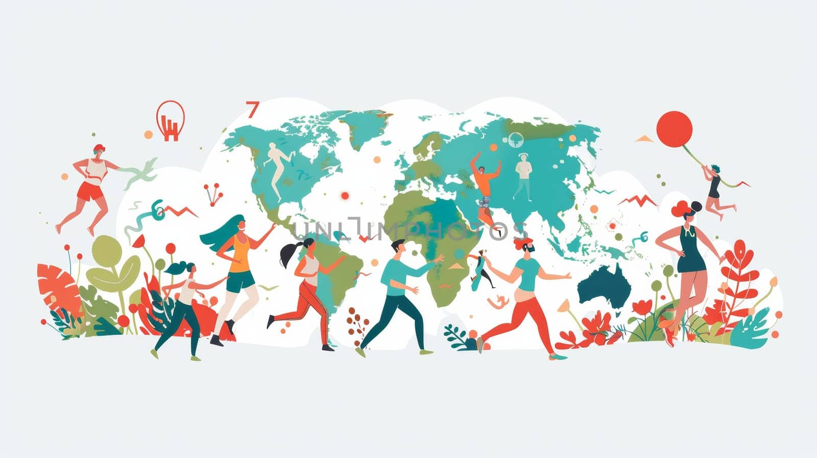 Concept of World Health Day on 7 April, with people working out, exercising, and earth in a comic doodle style. This drawing can be used for a website, banner, campaign, or social media post.