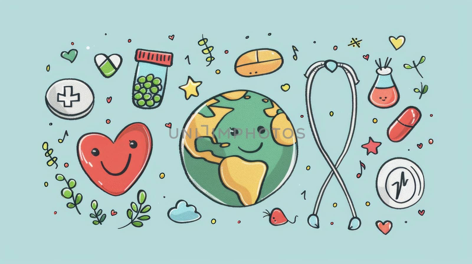 Conceptual illustration for World Health Day, 7 April. Handdrawn earth, heart, stethoscope, pill or banner design. Ideal for web, banner or campaign.