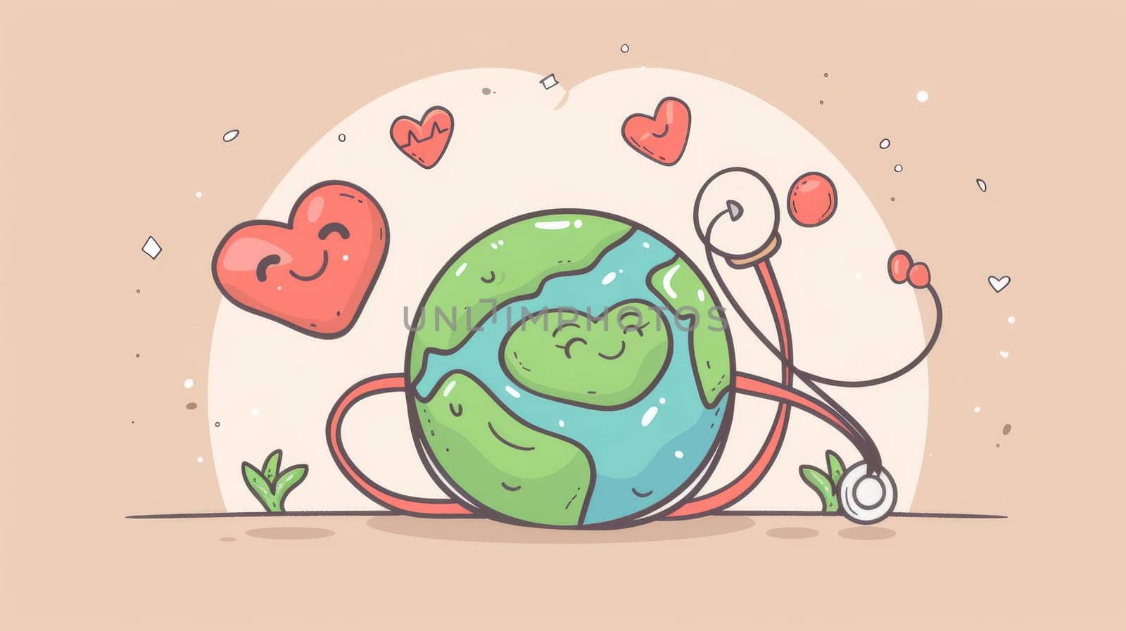 'World Health Day' concept modern, 7 April, with earth, heart, stethoscope hand drawn. Use for web, banner, campaign, social media posts.