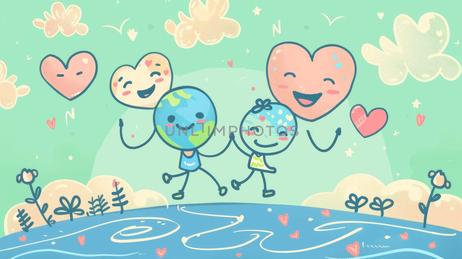 Design for web, banner, campaign, social media post, on 7 April. Hand drawn groovy character style of earth working out, exercise, heart, cloud.