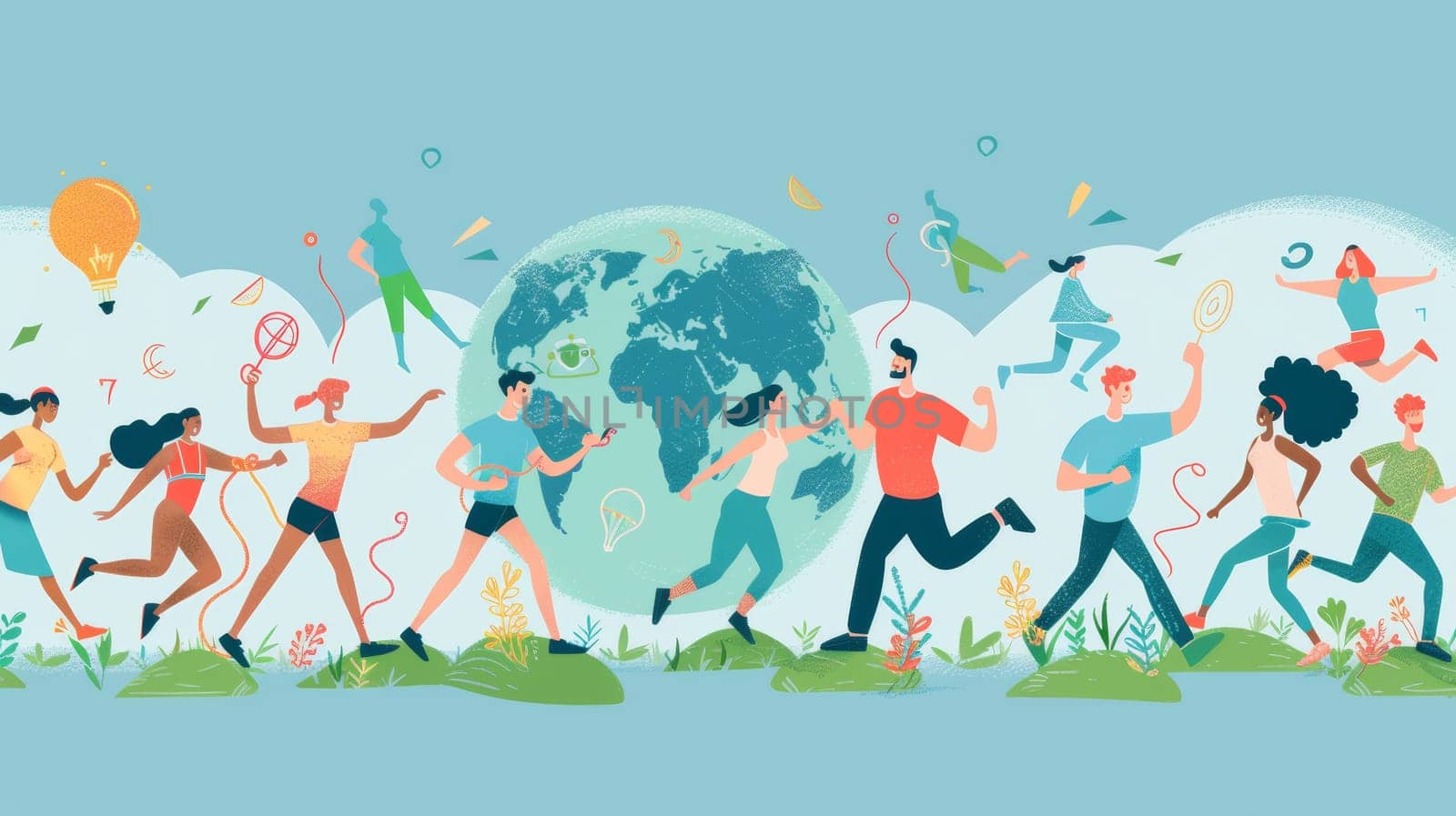 World health day concept, 7 April, modern background. Hand drawn comic style of people exercising and working out. Template for web, banner, campaign, social media posts.