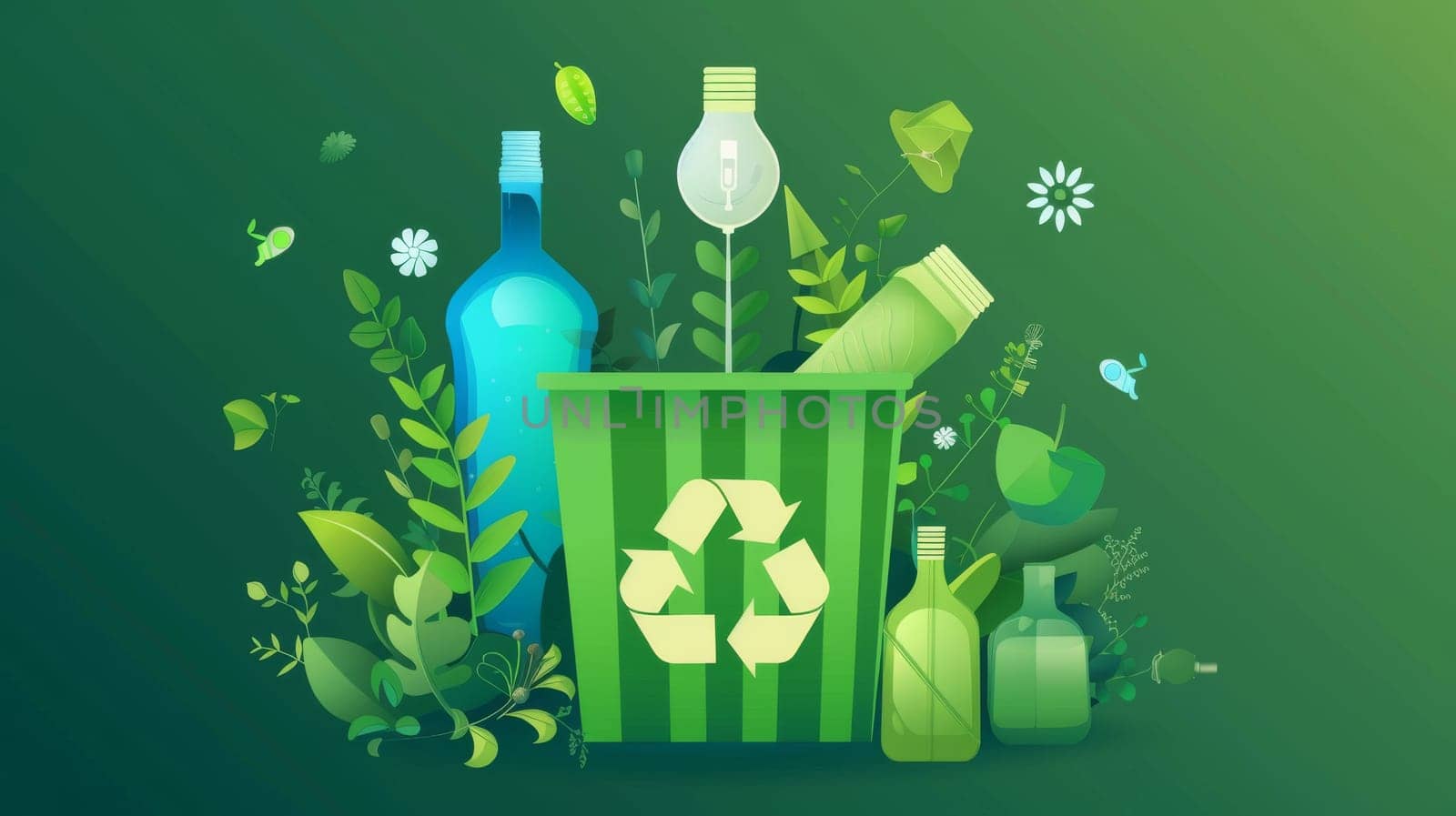 Concept background modern design for world environment day. Save the earth, recycle bin, lamp, bottle groovy style. Eco-friendly illustration design for social media, banner, campaign and web.