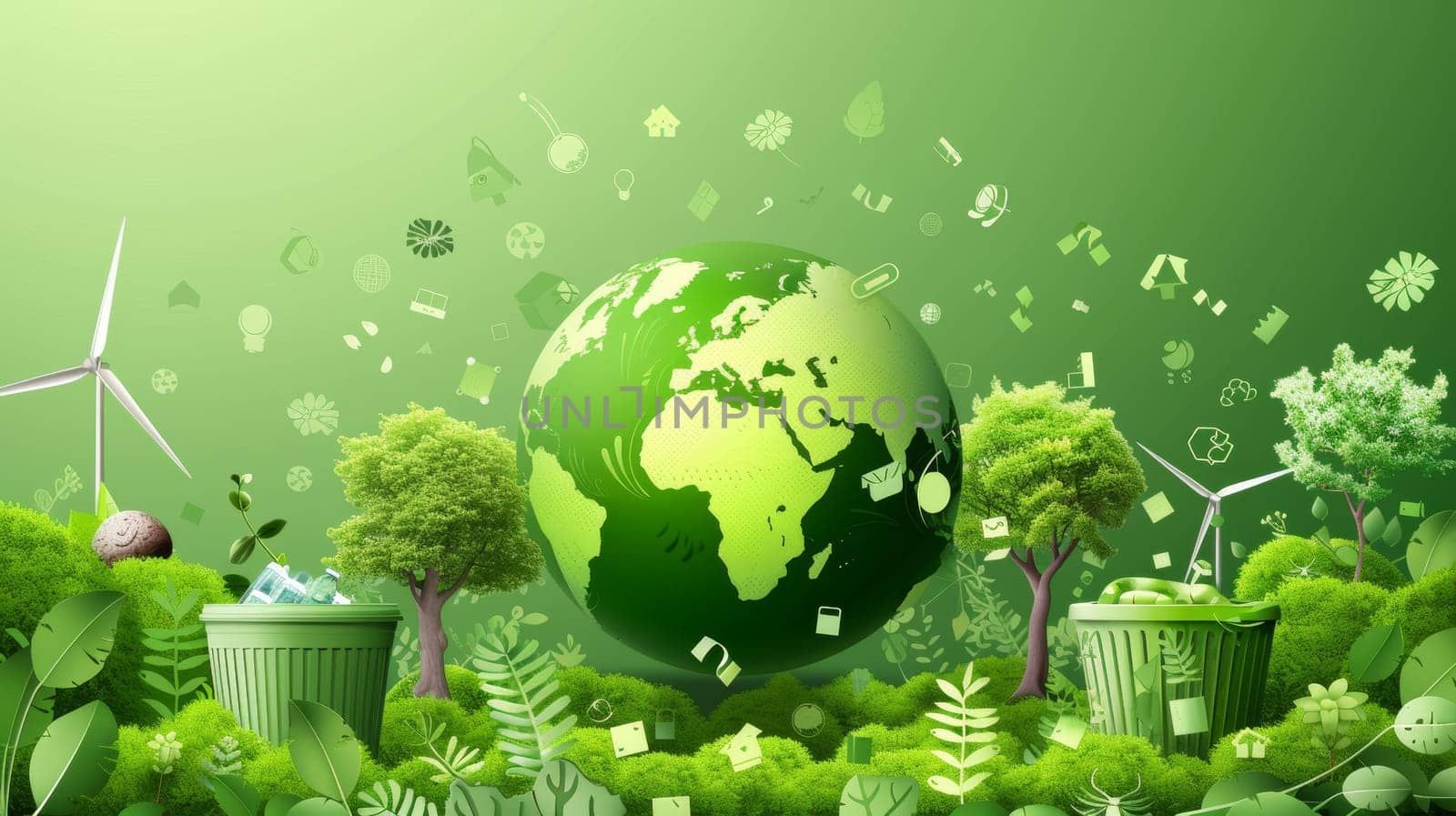 An eco-friendly illustration design for web, banner, campaign, social media posts. Save the earth, globe, recycle bin, tree, windmill are some of the elements in this design.