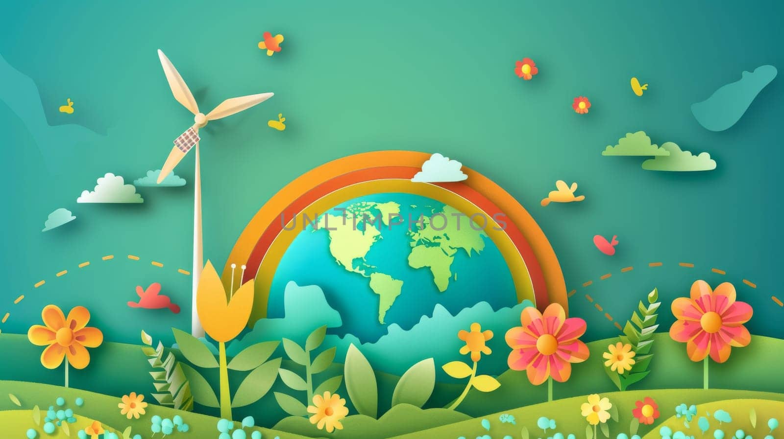 Modern illustration for web, banners, campaigns, social media posts on World Environment Day. Save the earth, globes, rainbows, windmills, flowers, and rainbows.