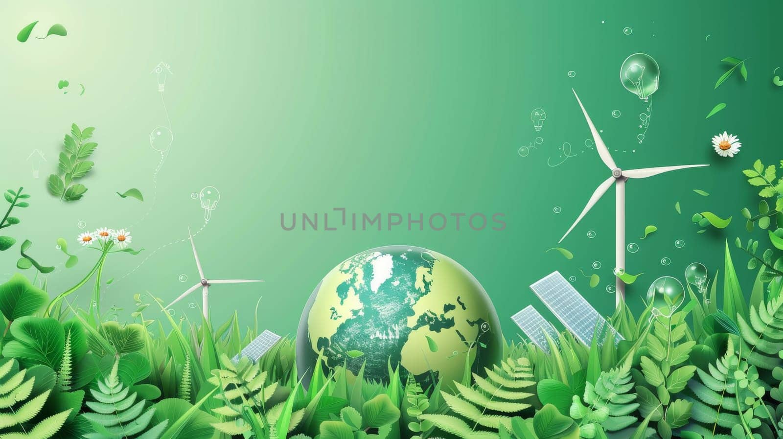 Conceptual background modern depicting Earth Day, the globe, recycling symbol, windmill, solar cell and environmental friendly graphics for a banner, campaign, post, website, and social media. Save