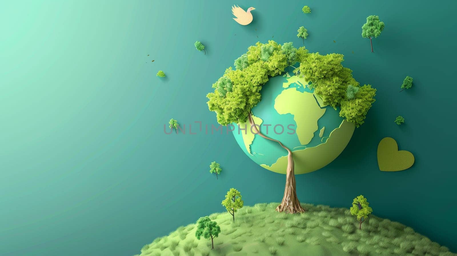 Modern background image for World Environment Day. Save the Earth, Globe, Heart, Tree. Eco-friendly illustration for web, banner, campaign, social media.
