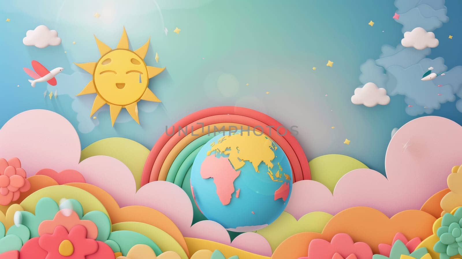 Earth Day concept background modern with globe, sun, cloud, rainbow. Eco friendly illustration design for newsletters, banners, campaigns, social media posts.