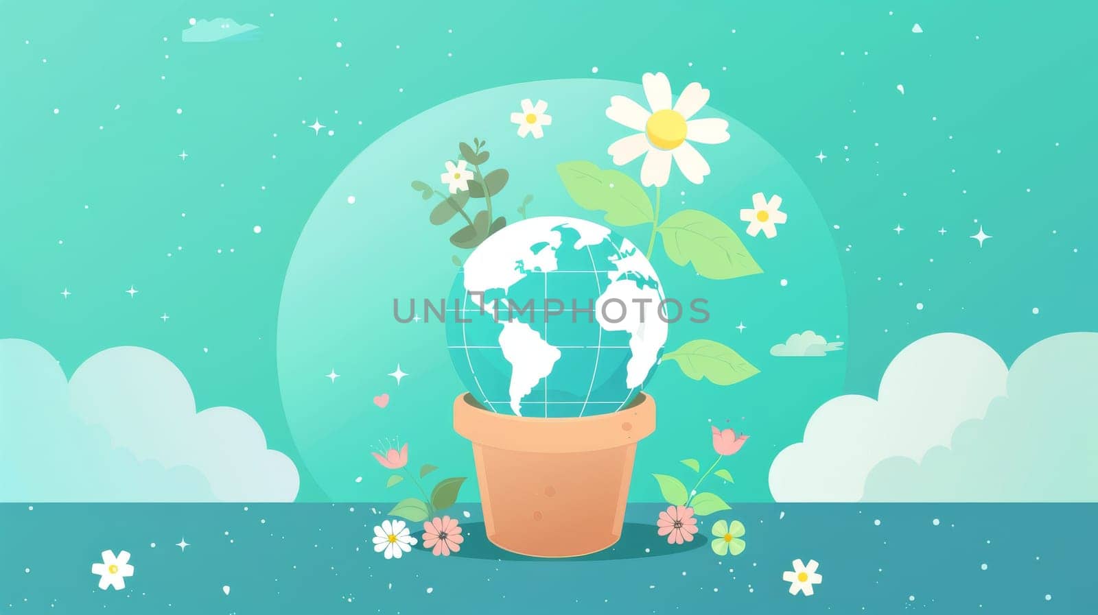 The concept of a Happy Earth day background modern. Save the earth, globe, flower, earth hugging flower pot, and cloud. Eco friendly design for web, banner, campaign, social media posting.