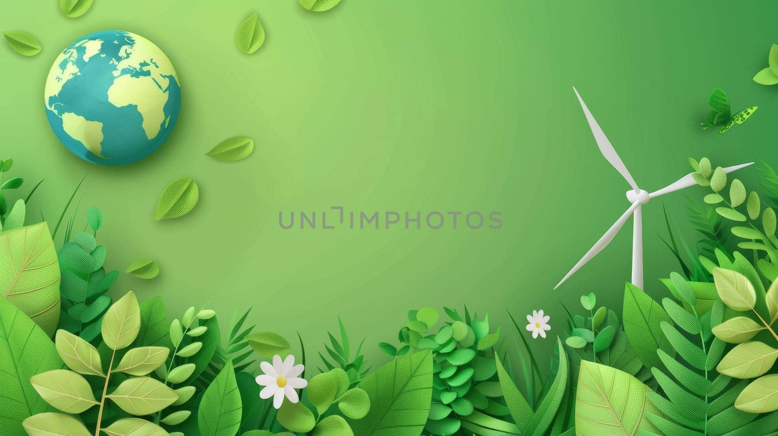 ECO-friendly illustration design for web, banner, campaign, social media and banners. Save the earth, globe, windmill, foliage on green background.