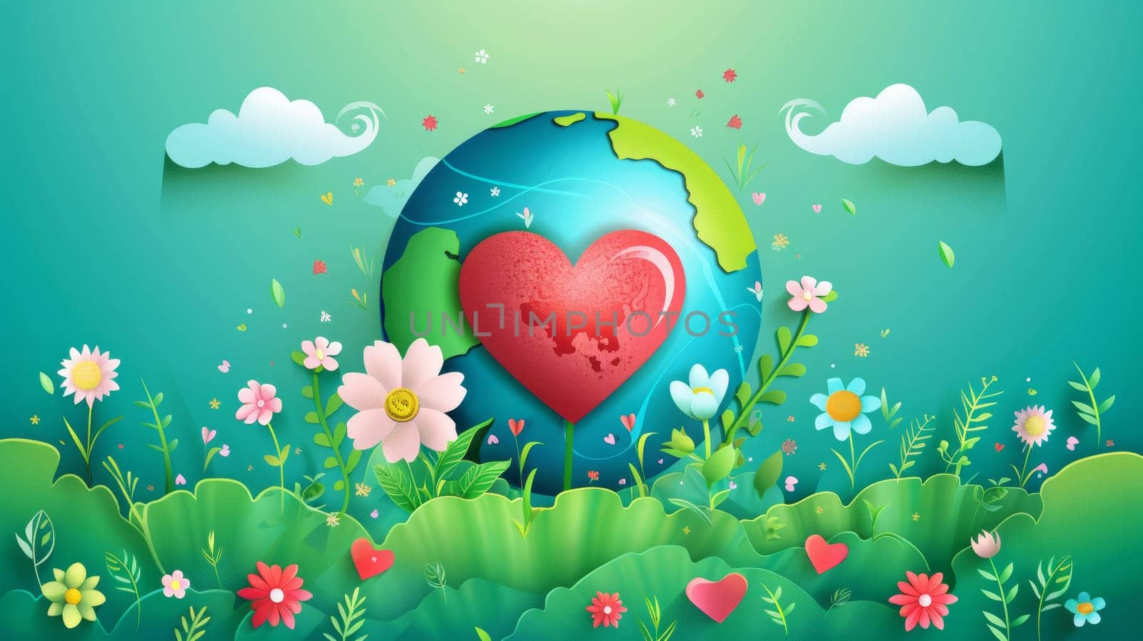 A happy Earth Day concept background with globe, flower, earth hugging heart and cloud. Sustainable illustration design for web, banners, campaigns, and social media.