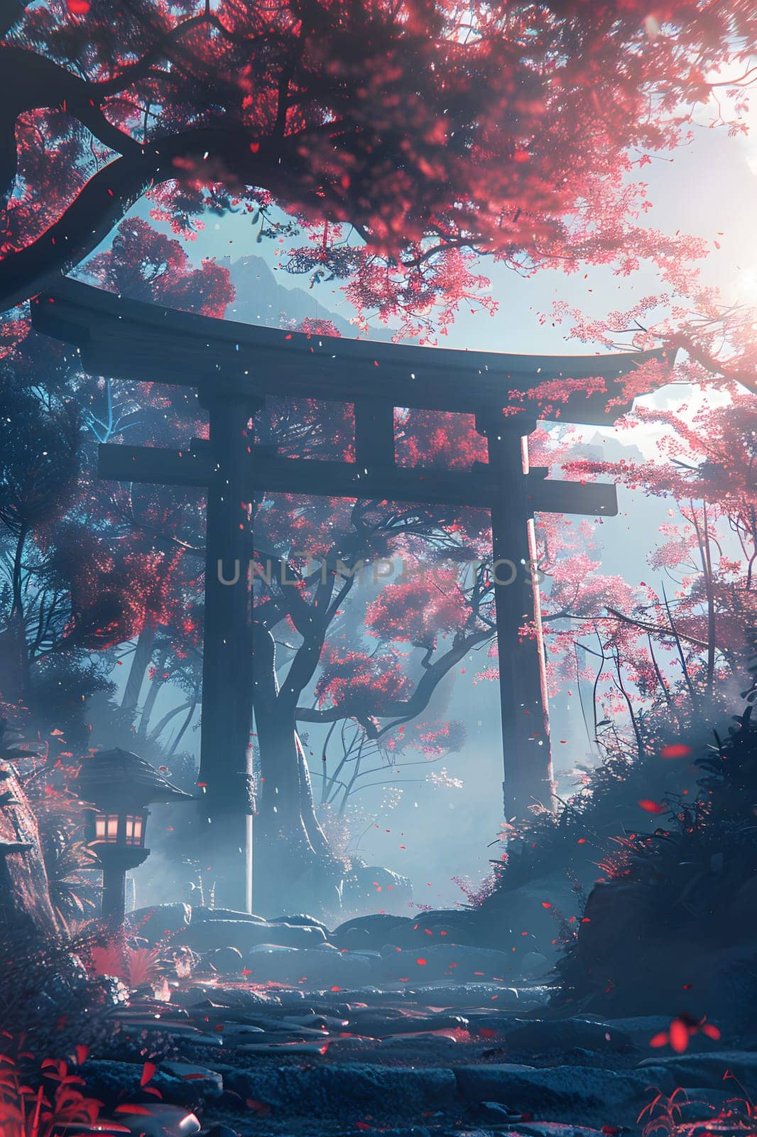 A torii gate stands tall in the middle of a forest, surrounded by trees with vibrant red leaves. The atmosphere is serene, with a magenta sky and fluffy clouds overhead