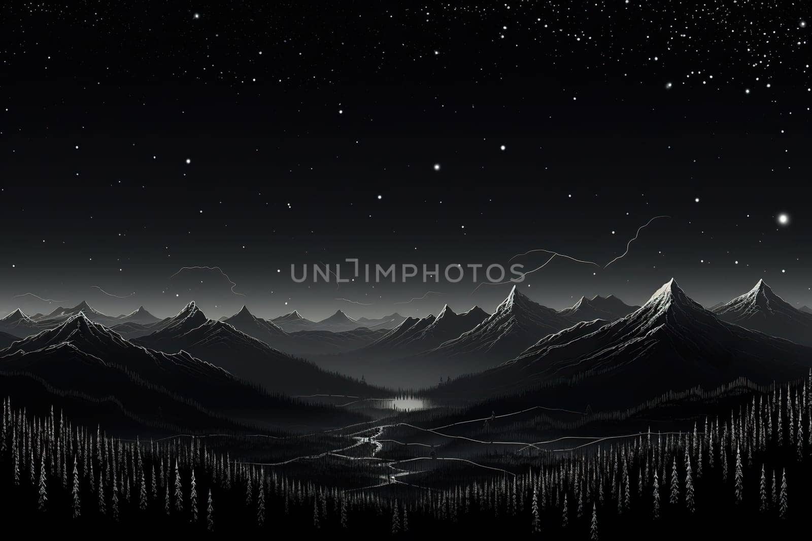 Drawing of mountains in black. Horizontal mountain landscape.