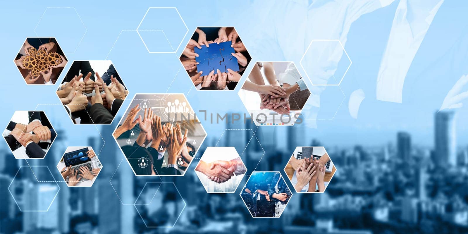 Teamwork and human resources HR management technology concept in corporate business with people group networking to support partnership, trust, teamwork and unity of coworkers in office kudos