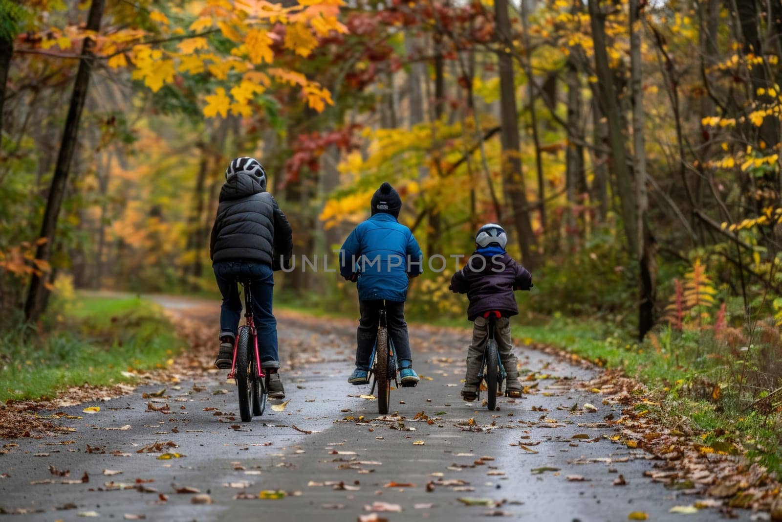 A family enjoys a serene bike ride along a trail carpeted with golden autumn leaves. The forest's vibrant fall colors create a picturesque backdrop for this bonding activity