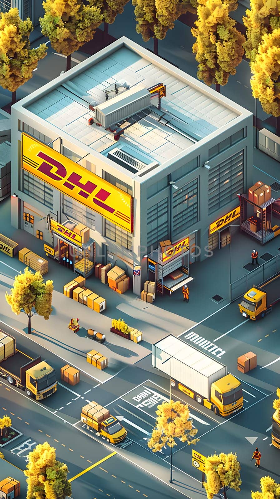 an aerial view of a dhl building in a city by Nadtochiy
