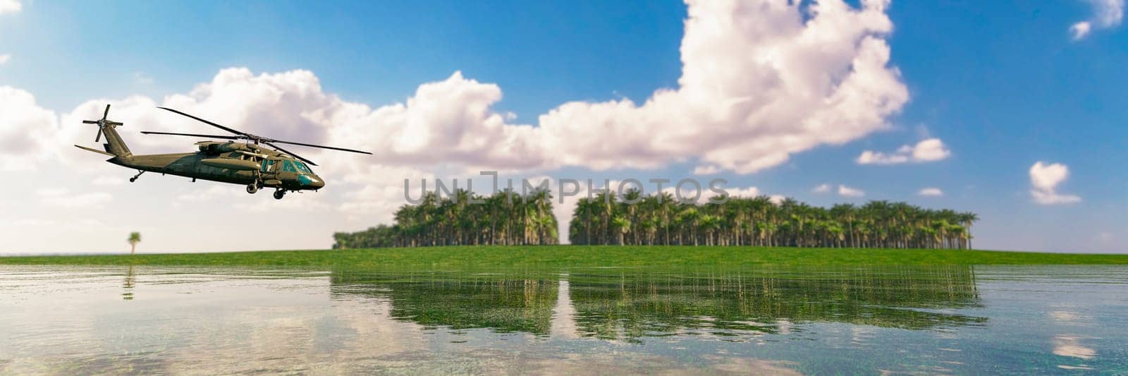 A military helicopter flies low over tranquil waters reflecting palm trees under a soft cloudy sky.