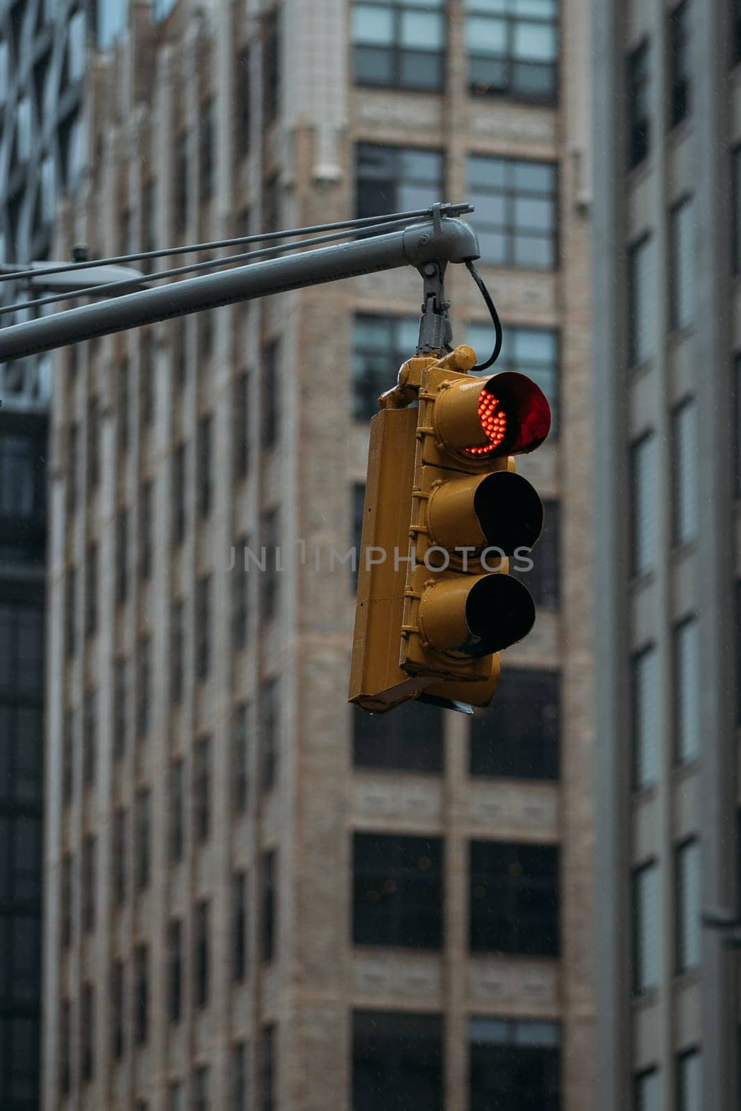 A traffic light stands in defiance of the towering urban backdrop.