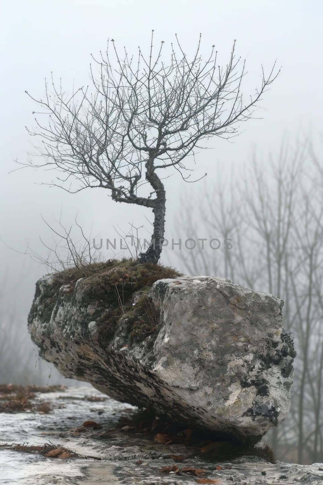 A tree growing on a rock. The roots are breaking through the rocks by Lobachad