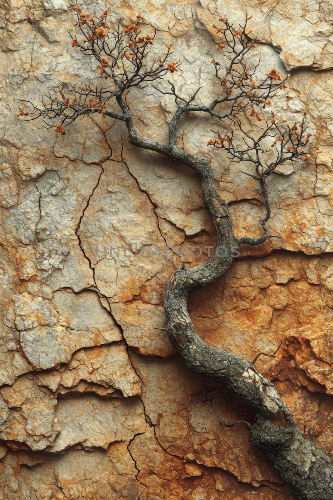 A tree growing on a rock. The roots are breaking through the rocks.
