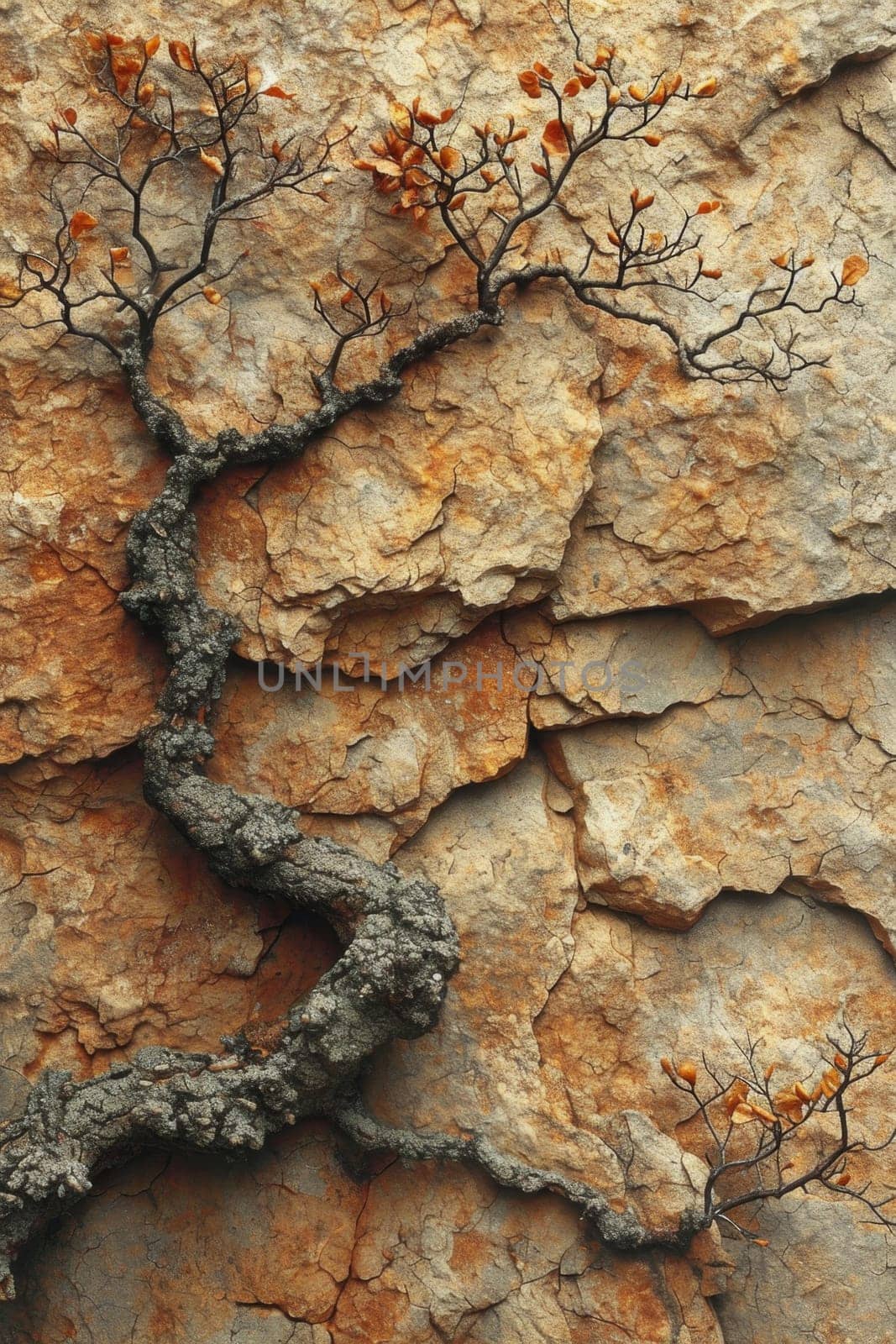 A tree growing on a rock. The roots are breaking through the rocks by Lobachad