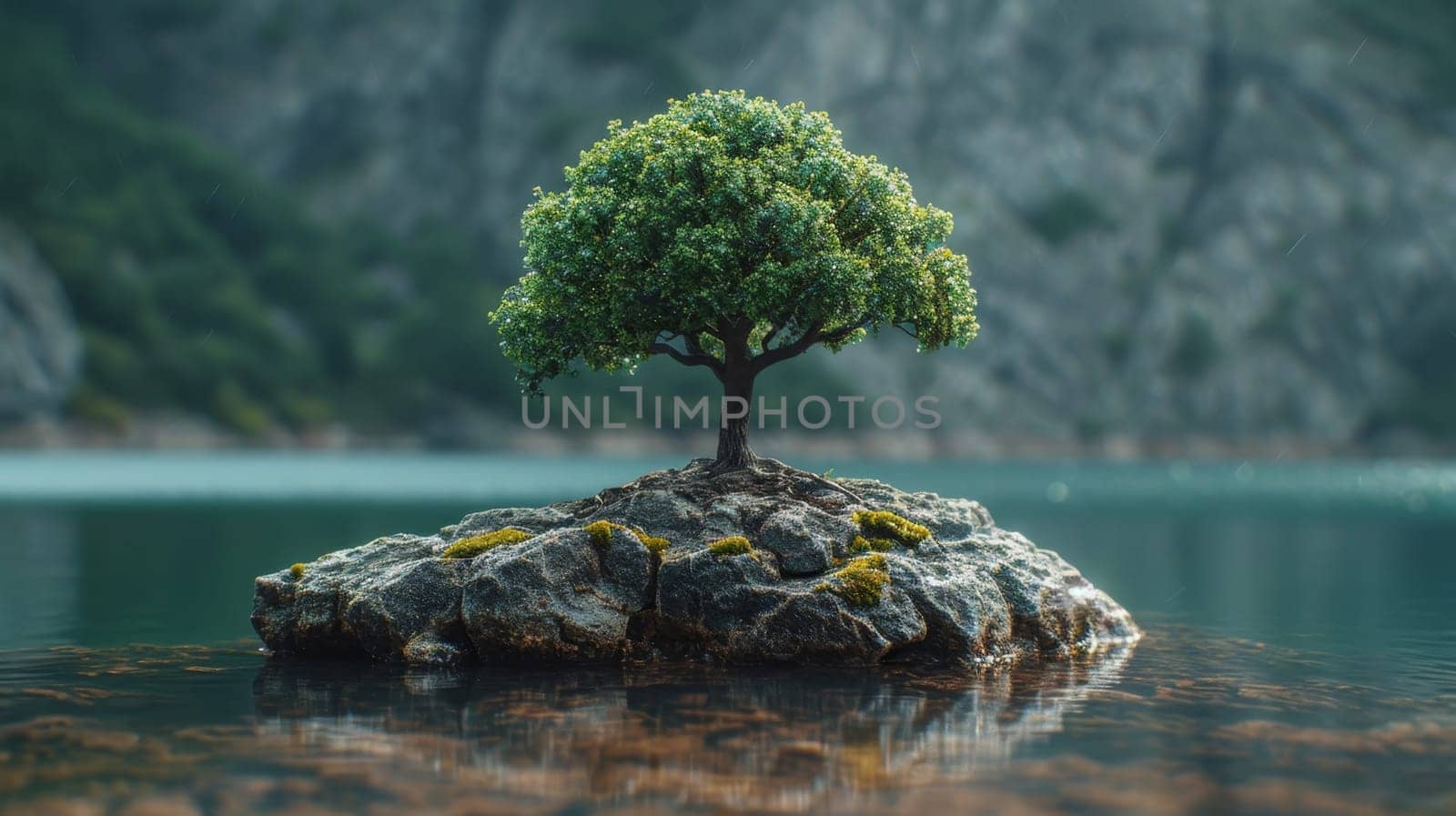 A lonely tree on a small island in a mountain lake by Lobachad