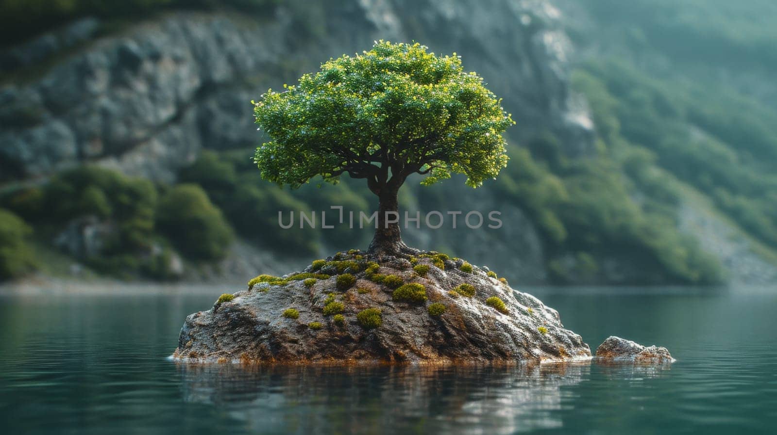 A lonely tree on a small island in a mountain lake by Lobachad