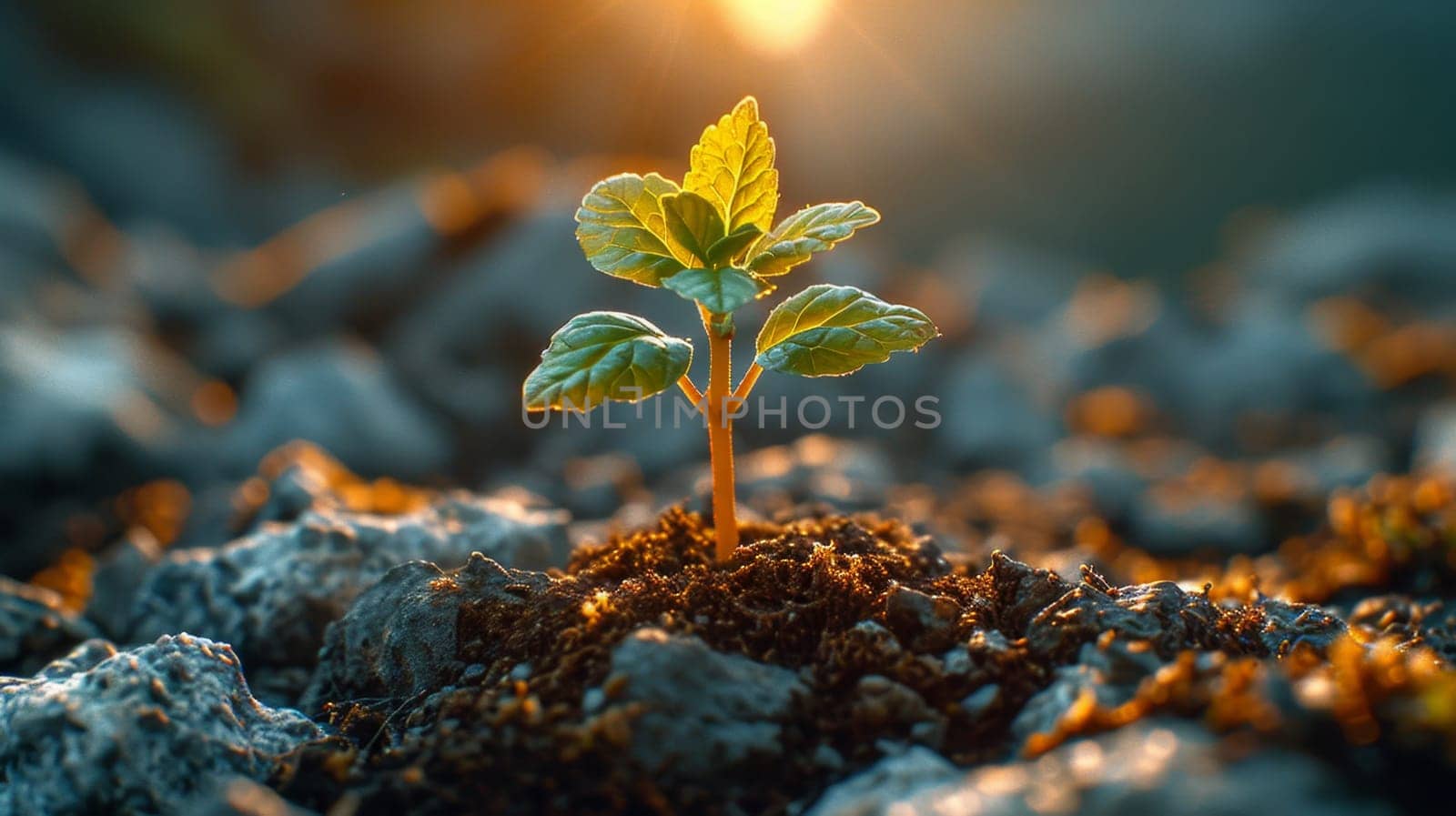 The sprout of the future tree makes its way through the rocky surface in the mountains. The concept of life and growth, despite the difficulties by Lobachad