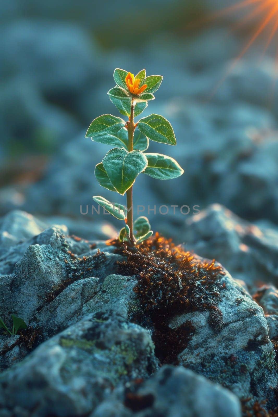 The sprout of the future tree makes its way through the rocky surface in the mountains. The concept of life and growth, despite the difficulties by Lobachad