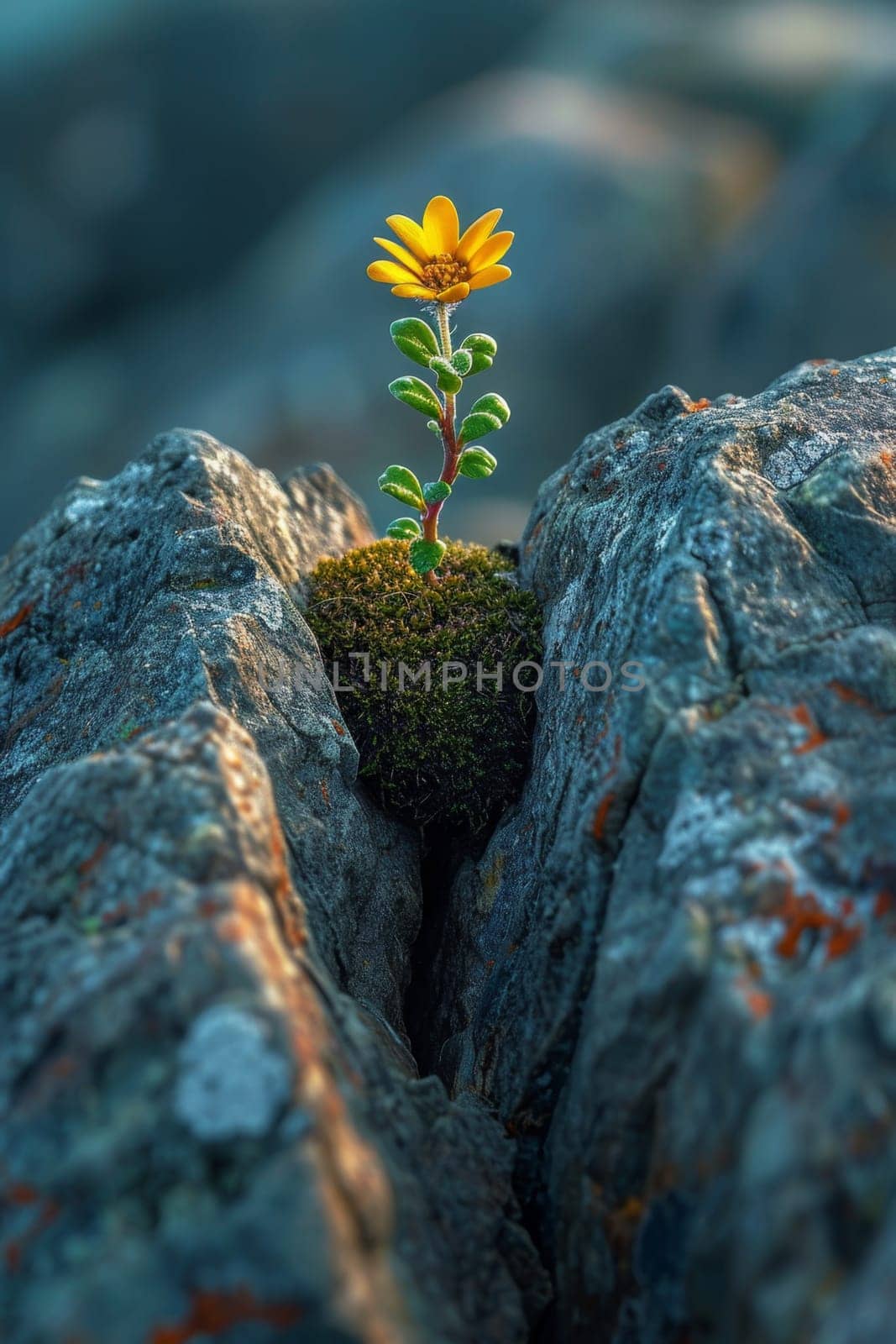 The sprout of the future tree makes its way through the rocky surface in the mountains. The concept of life and growth, despite the difficulties.