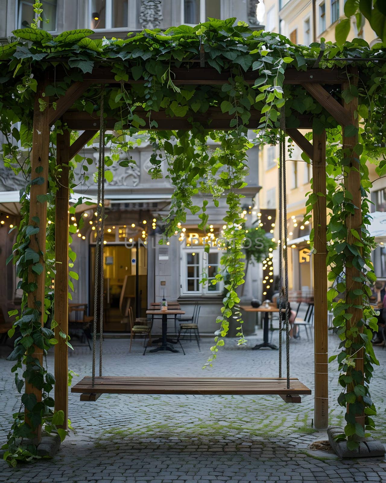A wooden swing outside a building with ivy hanging from it, adding a touch of nature to the urban design. The facade is complemented by shades of green from the ivy