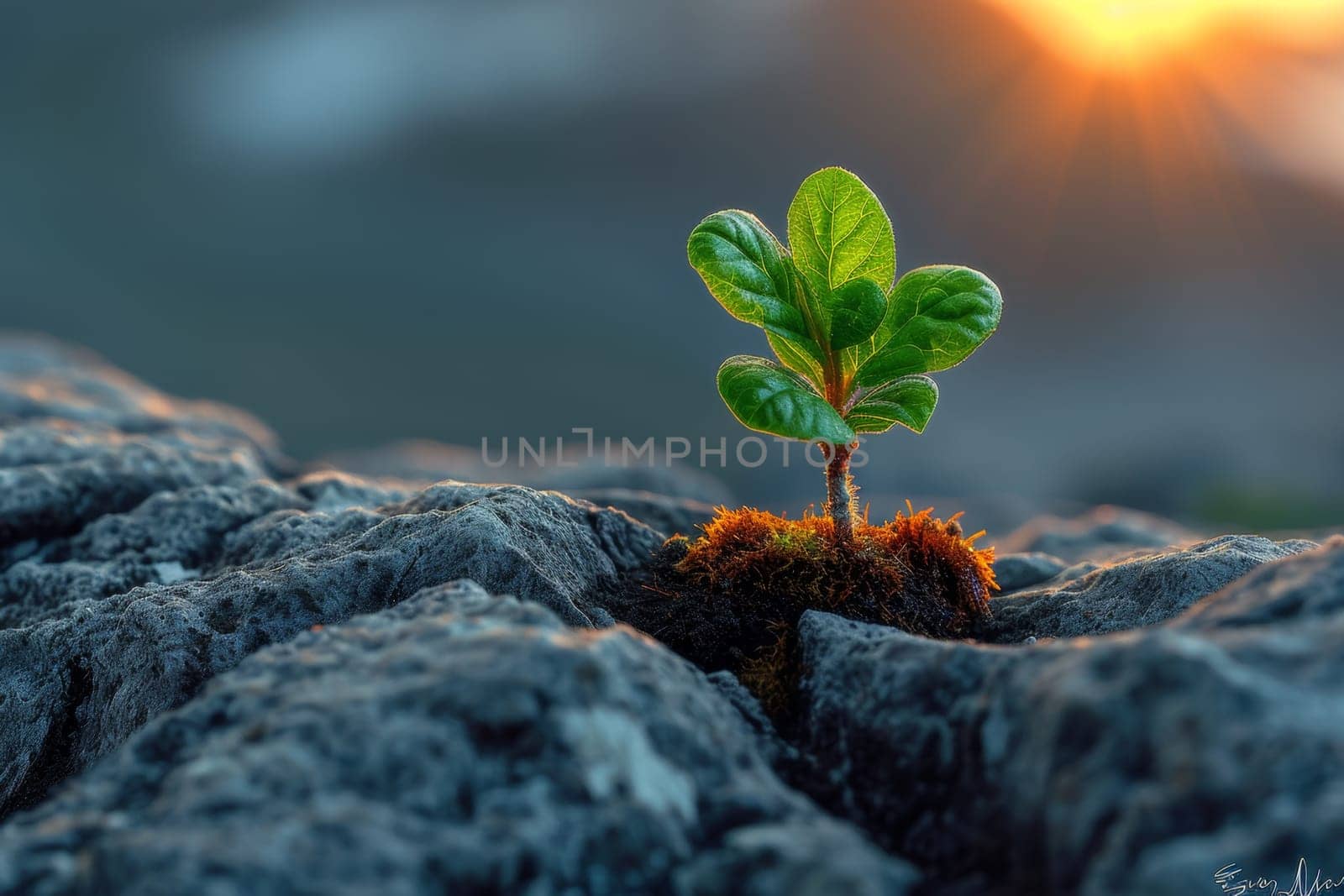 The sprout of the future tree makes its way through the rocky surface in the mountains. The concept of life and growth, despite the difficulties.