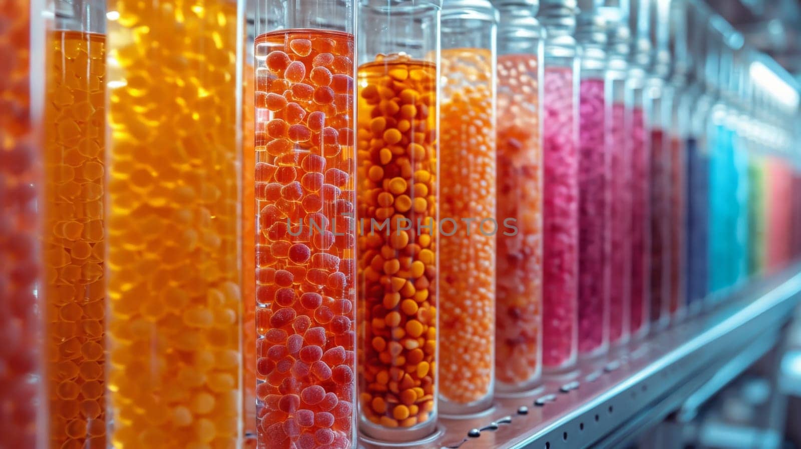 Glass flasks with colorful delicious candies on the shelf.