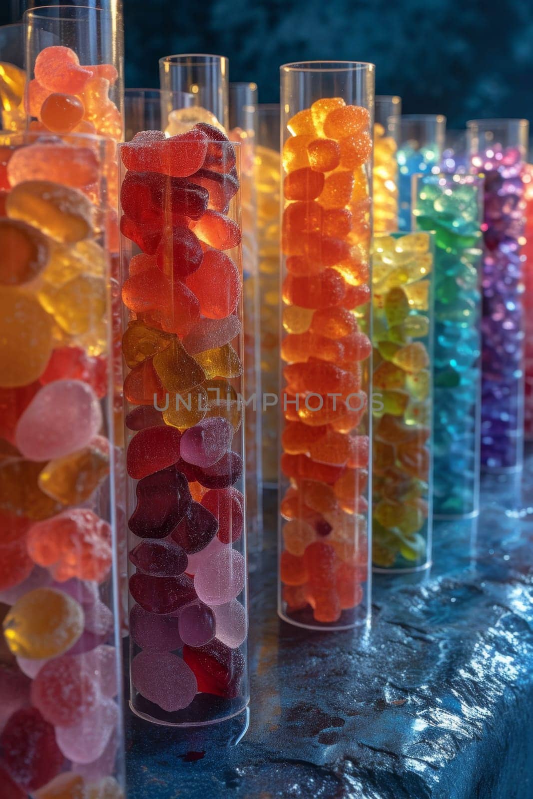 Glass flasks with colorful delicious candies on the shelf by Lobachad