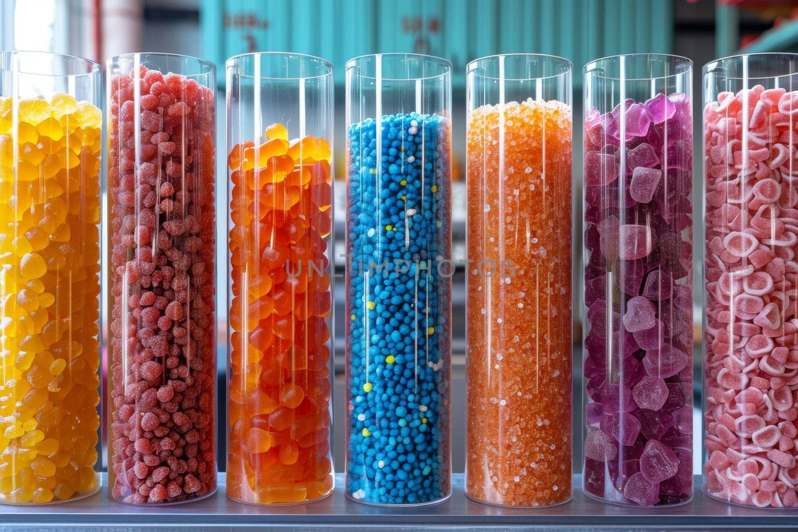 Glass flasks with colorful delicious candies on the shelf.