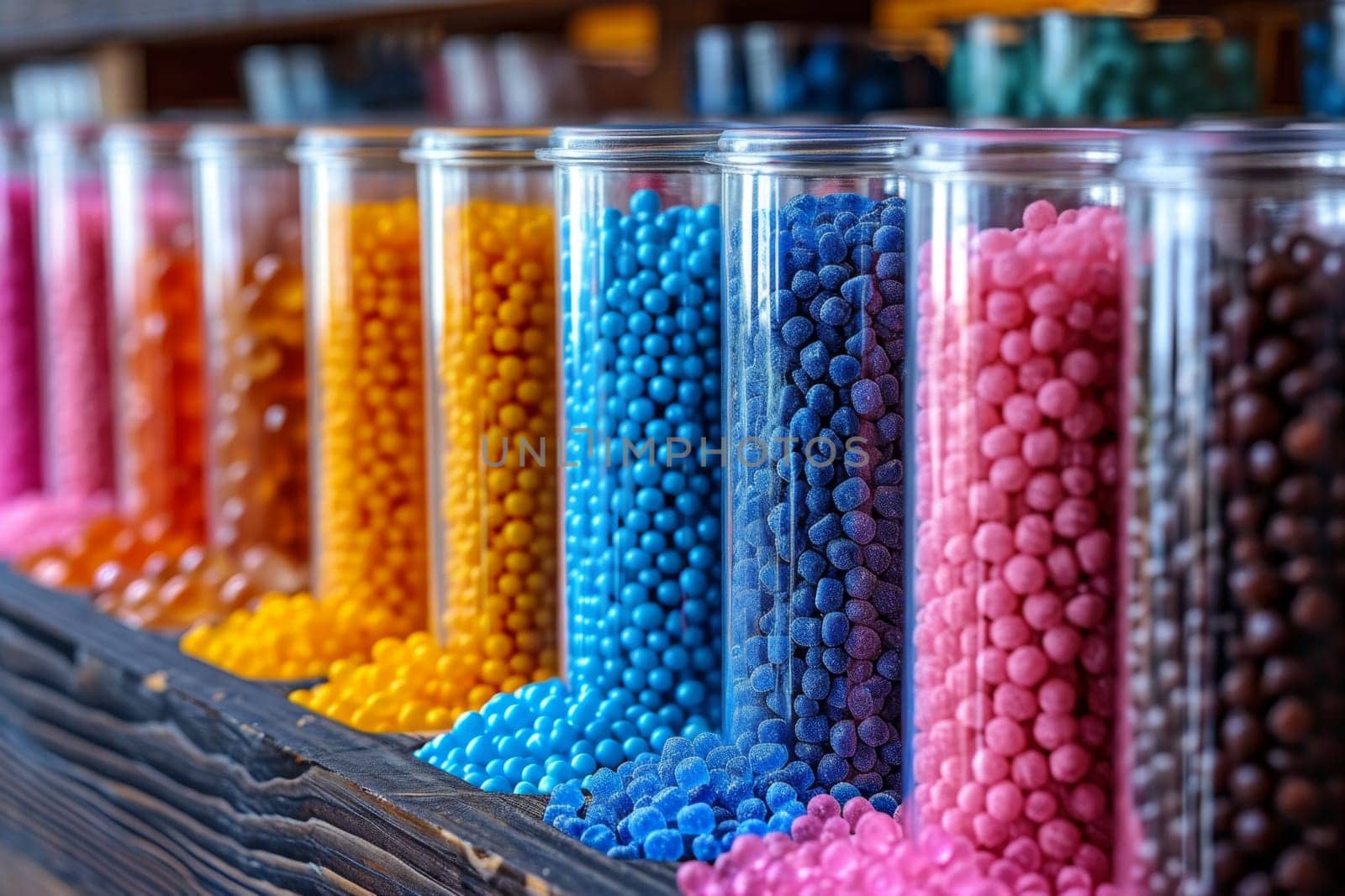 Glass flasks with colorful delicious candies on the shelf.