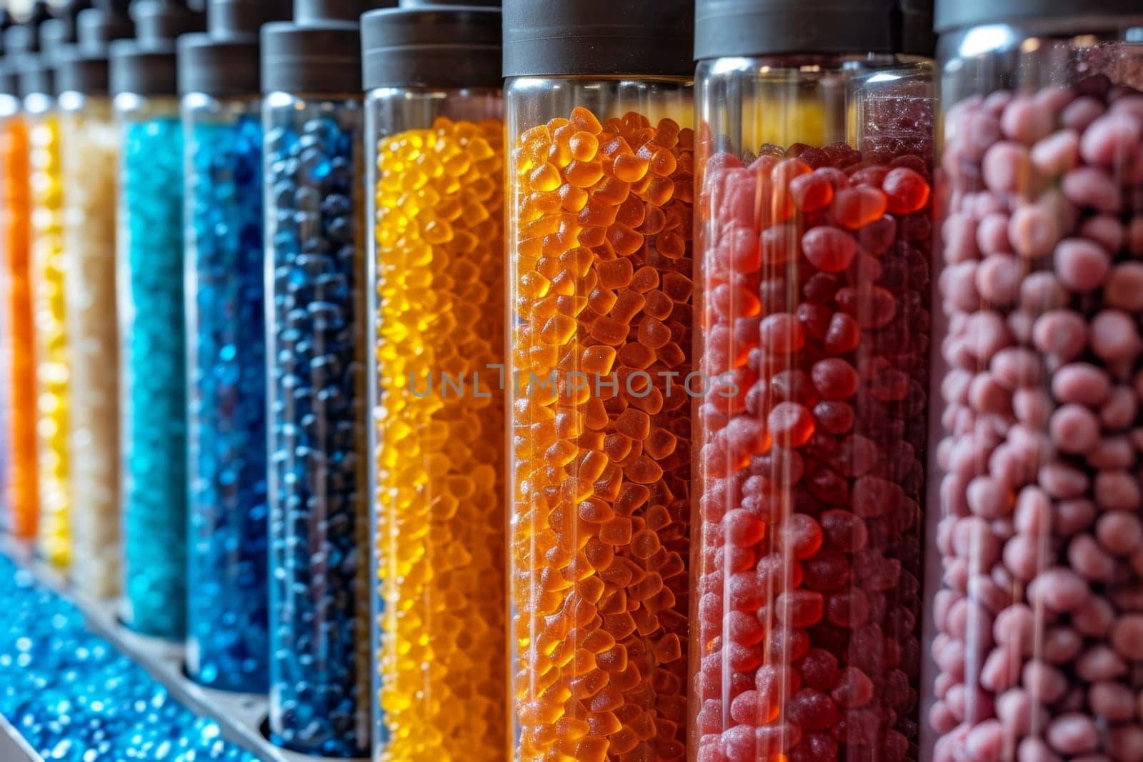 Glass flasks with colorful delicious candies on the shelf by Lobachad