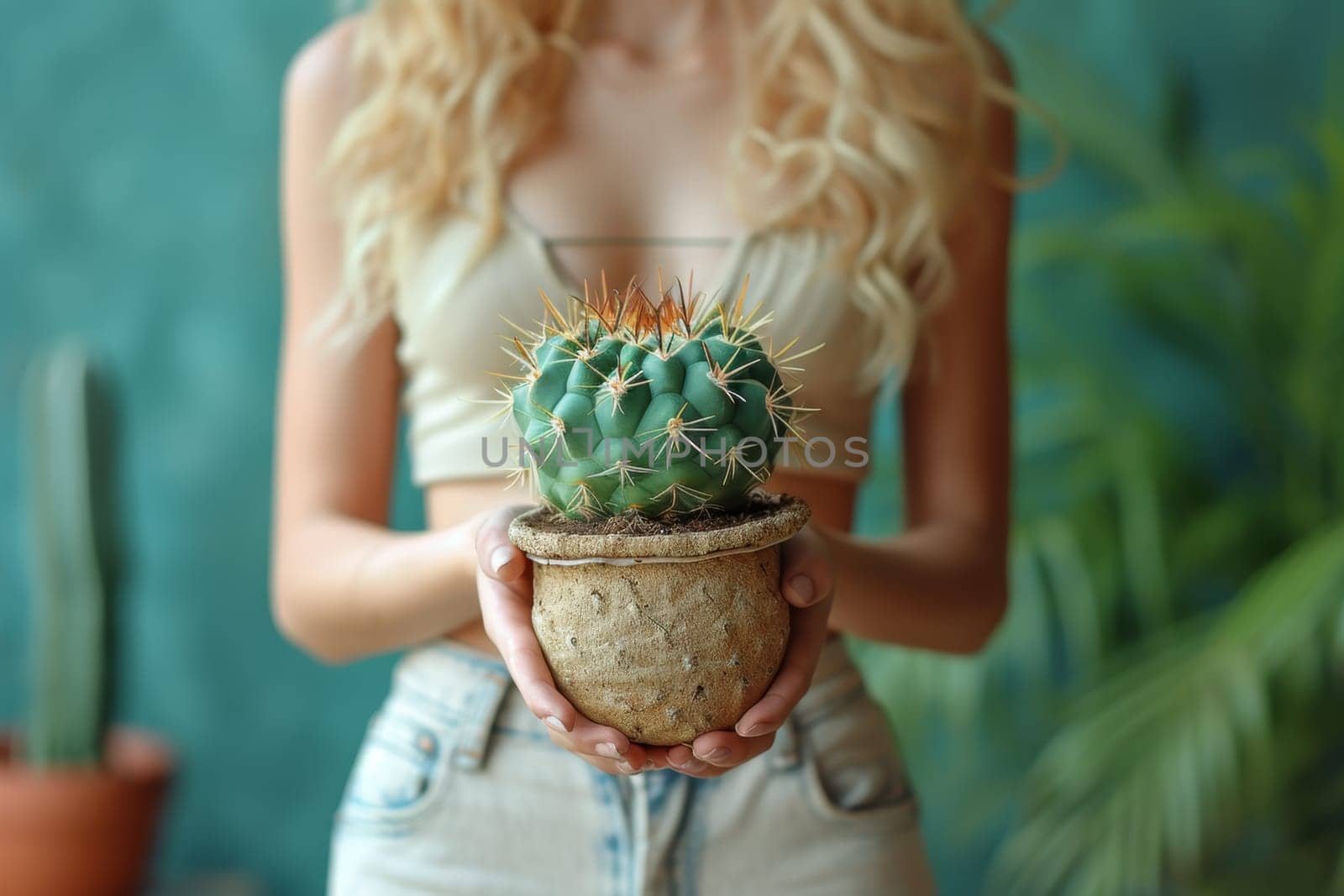 A girl holds a flower pot with a green cactus. Environmental protection and activism. Gardening and planting plants at home by Lobachad