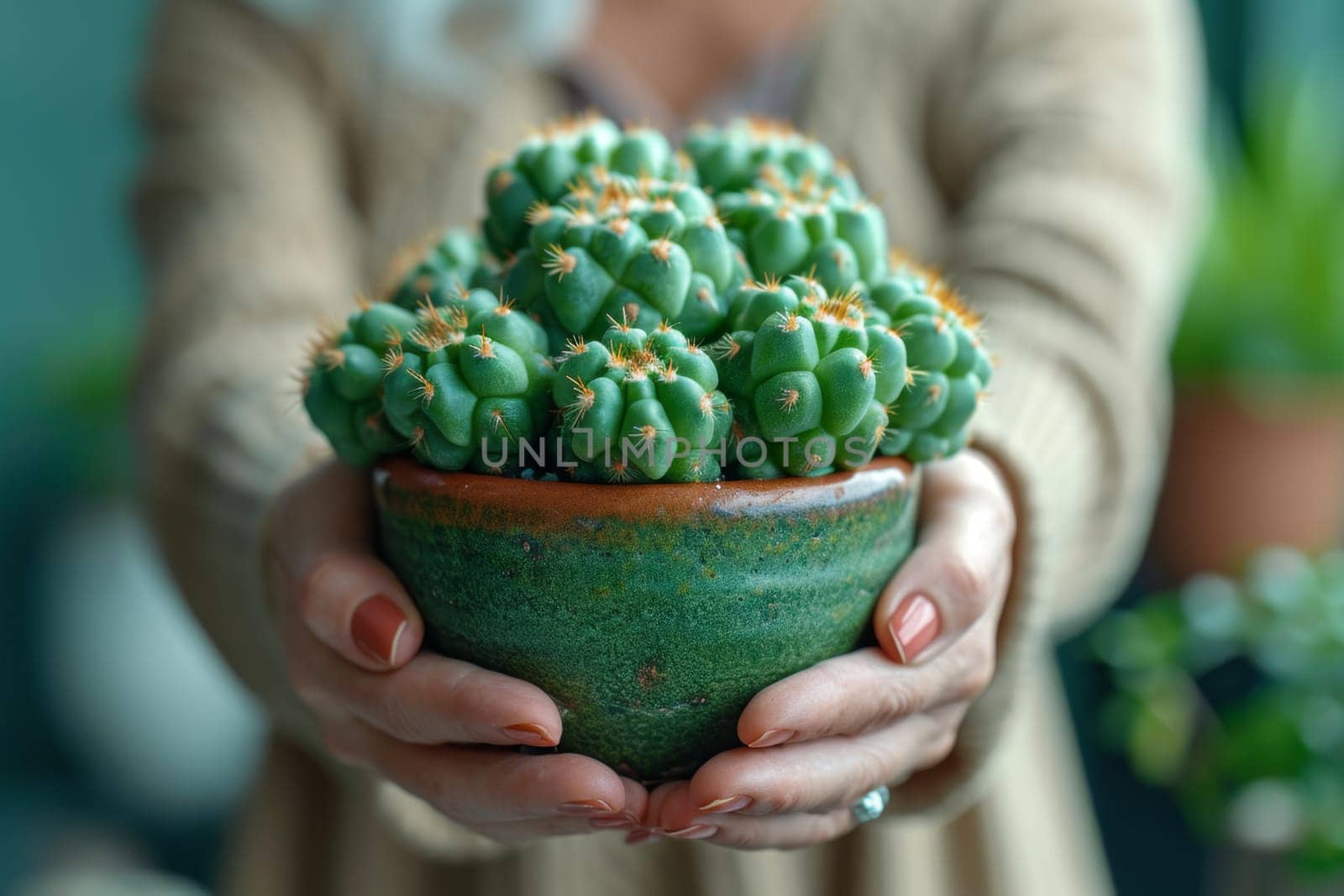 A girl holds a flower pot with a green cactus. Environmental protection and activism. Gardening and planting plants at home by Lobachad